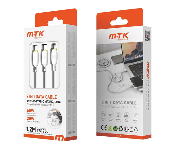 Moveteck 2 in 1 Data Cable Type-C + IPX 1.2m 3a White TB1750