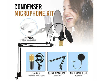 Studio Condenser Microphone Kit Boom Arm Pop Filter Podcast Recording BM800 